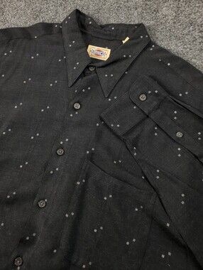 Vintage 70s Basco Shirt Mens Large Rayon Button Up Dagger Collar Black Geometric